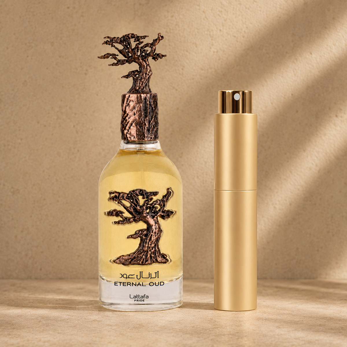 Lattafa Pride Eternal Oud originalflaske med guld atomizer