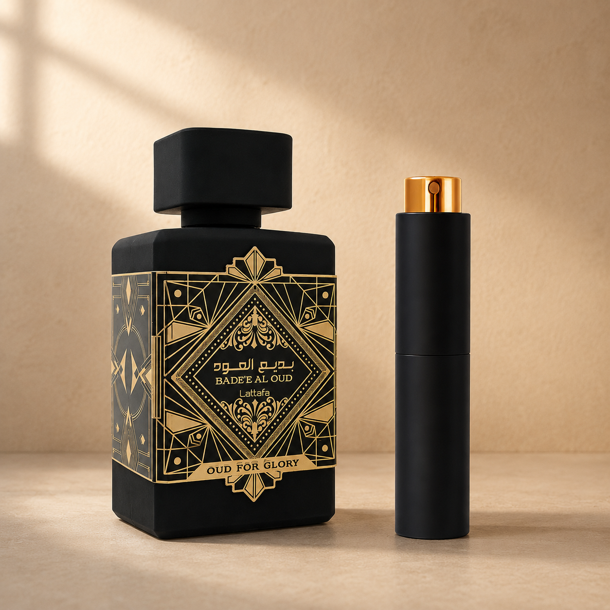 Lattafa Oud for Glory originalflaske med mat sort atomizer