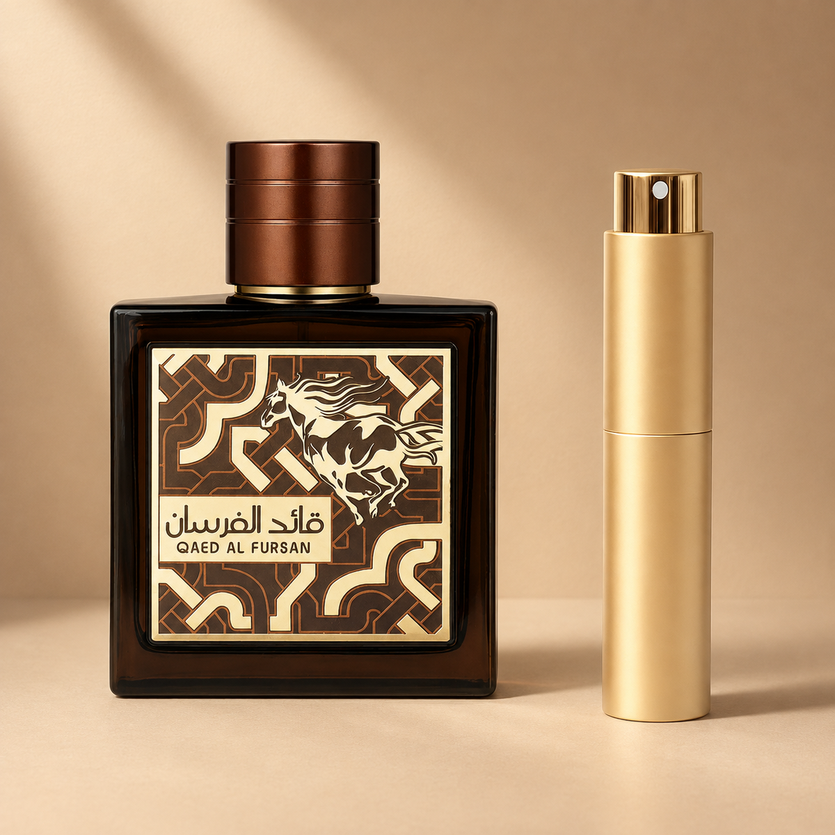 Lattafa Qaed Al Fursan Untamed originalflaske med guld atomizer